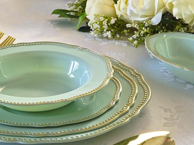 " OCCASIONS " 240 Plates Pack,(120 Guests) Heavyweight Premium Disposable Plastic Plates Set -120 x 10.25'' Dinner + 120 x 7.5'' Salad/Dessert (Rochelle Seafoam/Mint and Gold))
