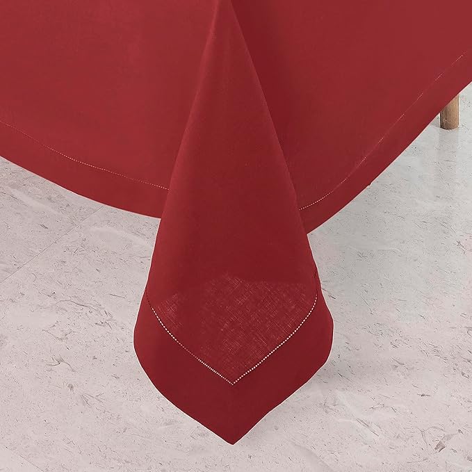 D'Moksha Homes Red Linen Tablecloth for Rectangle Tables 60 x 102 Inch - Classic Hemstitch 100% Pure Linen Red Table Cloth - Machine Washable Dining Tablecloth for Valentines, Spring