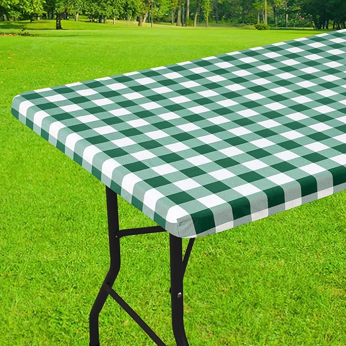 Smiry Rectangle Picnic Table Cloth, Elastic Waterproof Fitted Vinyl Tablecloths, Flannel Backed Buffalo Plaid Table Covers for Dining, Camping, Outdoor (Emerald Green and White, 30" x 72")