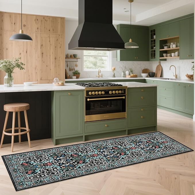 GarveeHome Kitchen 2x6 Runner Rug, Floral Washable Rugs for Hallways Non Slip Stain Resistant, Boho Soft Rug Botanical Carpet for Entryway, Laundry Room, Bedroom Floor Mat, Black