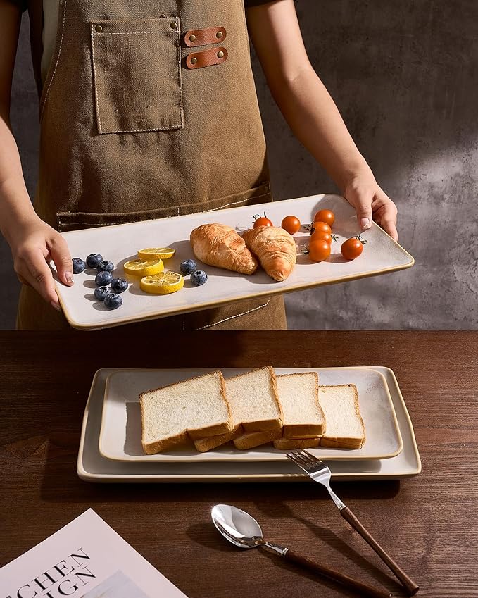 Famiware Serving Platter, Rectangular 15.67/14.1/12.6 inch Serving Dishes for Entertaining, Microwave Dishwasher Safe, Stonware Serving Trays for Party, Turkey, Cheese, Ocean Series, Cappuccino White