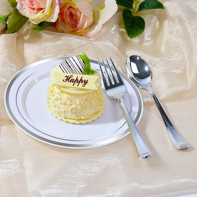 200 PCS Silver Plastic Plates, Silver Disposable Party Plates, Premium Christmas Plastic Plate Include 100 Dinner Platos 10'' and 100 Dessert Platos 7'' Perfect for Birthday, Christmas & Party