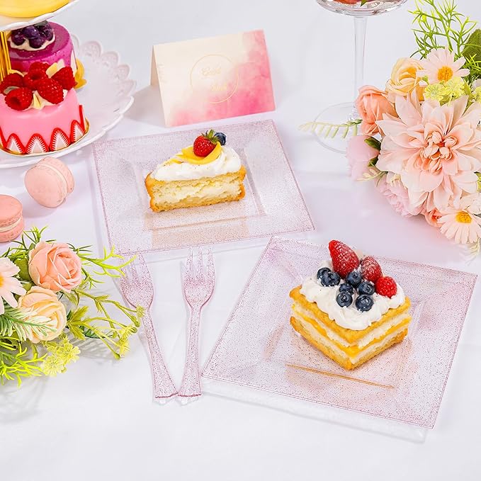 DaYammi 200 Pcs Pink Dessert Plates Including 100Pcs Appetizer plates 6'',100Pcs Plastic Forks 5.7'',Rose Glitter Plastic Square Plate for Wedding,Pink Cake plates and forks for Valentine's Day Party
