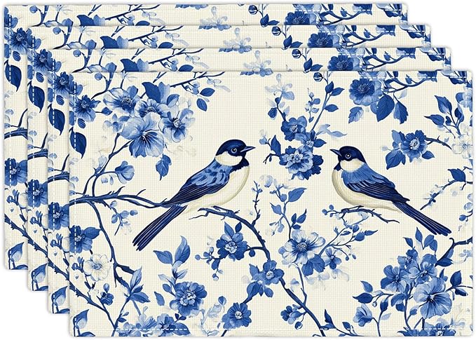 Flower Bird Placemats Set of 4, Blue Birds Place Mats,Blue and White Floral Waterproof Washable Table Mats for Home Party Indoor Kitchen Dining Table Decoration 12x18 Inch