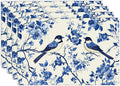 Flower Bird Placemats Set of 4, Blue Birds Place Mats,Blue and White Floral Waterproof Washable Table Mats for Home Party Indoor Kitchen Dining Table Decoration 12x18 Inch