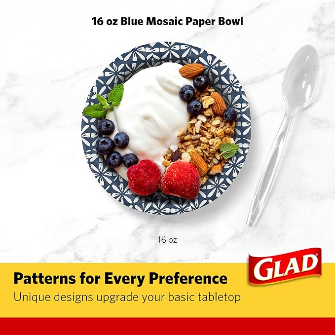 Glad Round Disposable Paper Bowls, Blue Mosaic Design - Heavy Duty, Soak Proof, Cut-Resistant, Microwavable Bowl for All Foods & Daily Use, 16 Oz, 50 Count