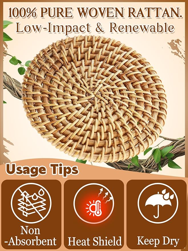 6pcs Natural Handmade Rattan Coasters with Holder - Wicker Drink Coasters Set for Protecting Table, Housewarming Gifts Boho Home Decor
