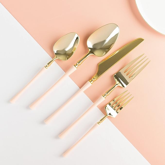 PlasticPro 20 Count Gold and Pink Plastic Tea Spoons Premium Quality Heavy Duty Disposable Elegant Silverware Two Tone Tea Spoons for Party