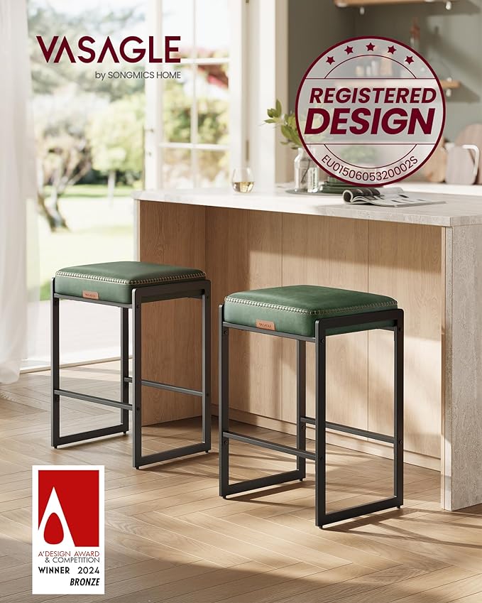 VASAGLE EKHO Collection - Bar Stools Set of 2, Counter Height Bar Stools, Synthetic Leather with Stitching, Mid-Century Modern Counter Stools, 26-Inch Tall, Kichen Home Bar Dining Room, Forest Green