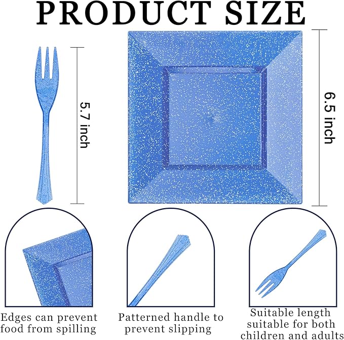 DaYammi 100Pcs Blue Dessert Plates 6" with Forks 5.7"- Small Disposable Dessert Plates- Serve 50 Guests include 50 Cake plates,50 Plastic Forks for Party,Disposable Appetizer plates for Wedding