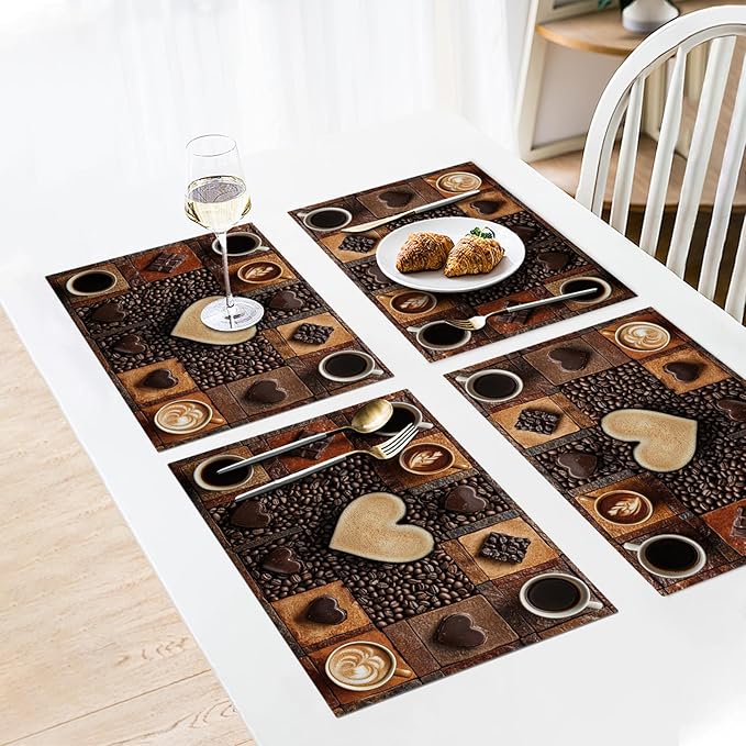 Coffee Placemats Set of 6, Cafe Table Mats, Washable Place Mats for Coffee Bar Home Party Indoor Kitchen Dining Table Decoration 12x18 Inch