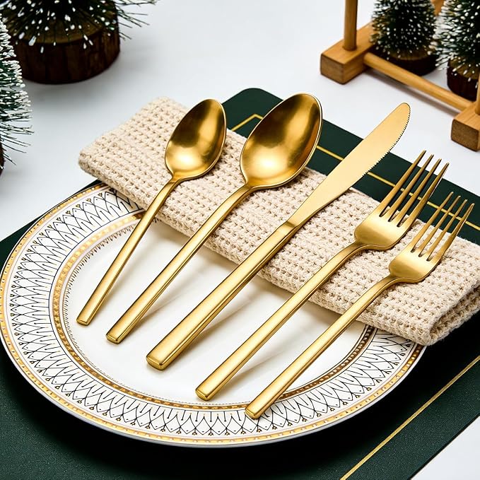 20pcs Matte Gold Cuboid Silverware, Stainless Steel Flatware Set, Service for 4, Forged Cutlery Set, Dishwasher Safe