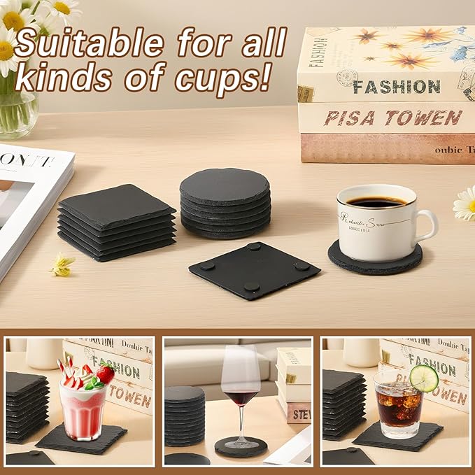 48pcs Slate Coasters, Black 4 Inch Bulk Blank Rock Coasters Blank Laser Engraving, Hand Painted DIY, Scratch Resistant Bottom (24*Square+24*Round)