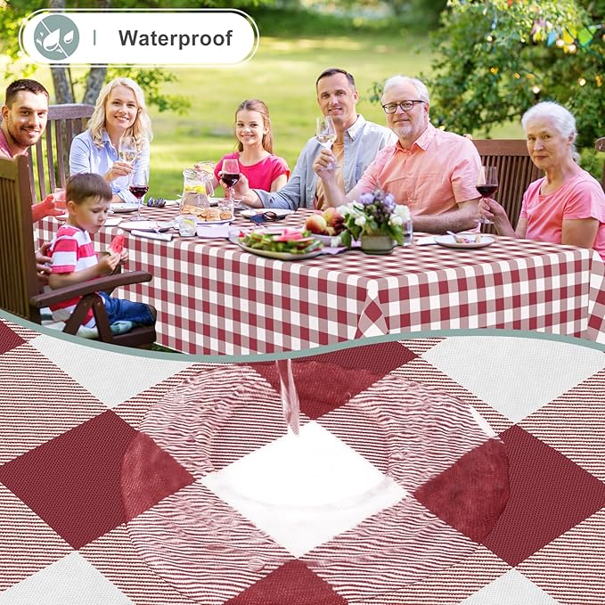misaya Rectangle Waterproof Vinyl Table Cloth, Buffalo Flannel Backed Tablecloth, Wipeable Plastic Table Cover for Valentine's Day, Dinner, Kitchen, Outdoor (54" x 78", Burgundy and White)