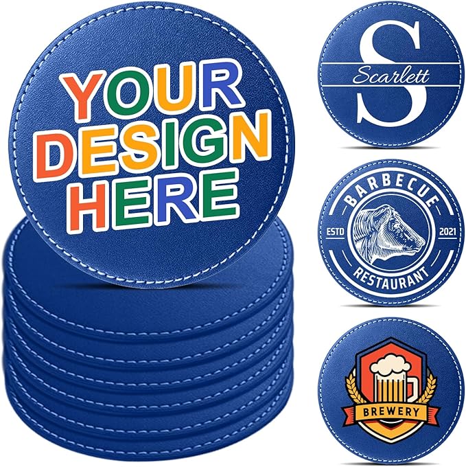 Custom Personalized Leather Coasters - Set of 6 | DIY Name, Photo, or Logo Coasters for Coffee Table, Bar, Beer, Wine | Ideal Housewarming Gift, Blue
