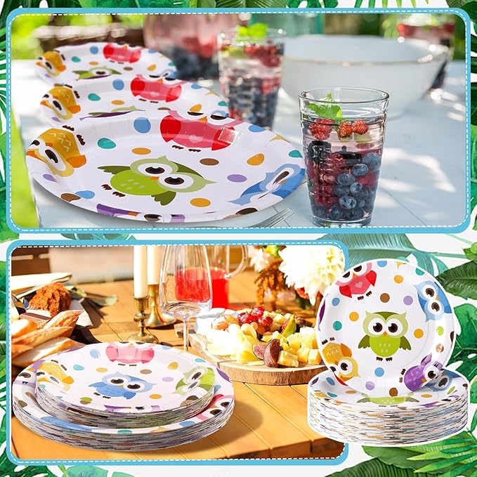 48 Pcs Cute Owls Plates Set Include 9 Inch and 7 Inch Watercolor Animal Disposable Plates Animal Party Decorative Dinner Birthday Tableware for Party Supplies