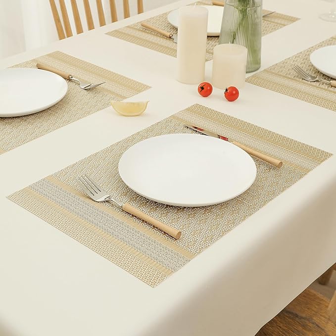 Leetaltree Stardust Yellow Placemats Set of 12 - Heat Resistant Non-Slip Place mats for Dining Table, Washable Durable PVC Vinyl Woven Table Mats（Stardust Yellow, 12）
