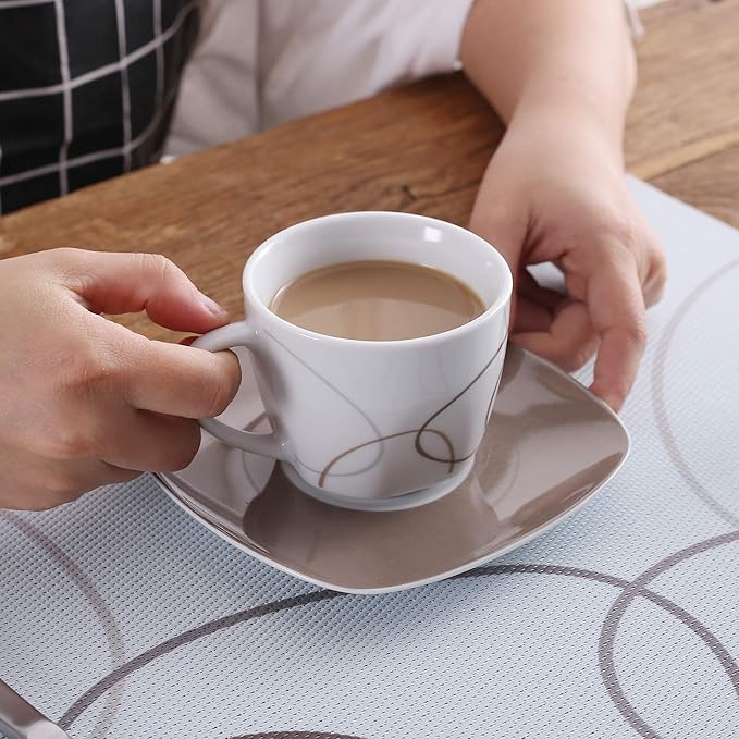 VEWEET 'Nikita' 30-Piece Dinner Set Ivory White Brown Lines Porcelain China Ceramic Combination Sets of Dessert Plates/Soup Plates/Dinner Plates/Cups/Saucers Service for 6