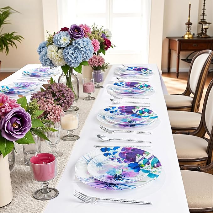 DaYammi 20Pcs Purple Plastic Plates with Watercolor Floral Plates Heavy duty Watercolor floral Plastic Plate 10.25 inch Dinner plates and 7.5 inch Dessert plates for Valentine's Day Party Wedding
