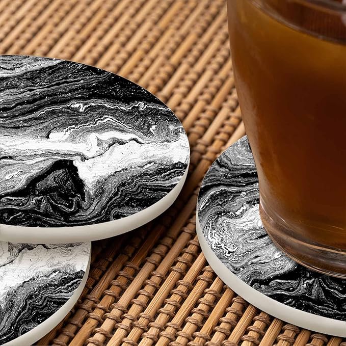 Marble Acrylic Texture Coasters for Drinks Nature Black Marbling Artwork for Tabletop Protection Coffee Table Living Room Kitchen Office Home Decor 2 Pcs,4 Inch