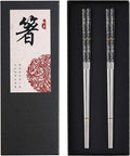 Stainless Steel Chopsticks Titanium Plated Metal Chopsticks Reusable Dishwasher safe Premium Japanese Korean Chopstick Laser Engraved Anti-slip Chop Sticks for Eating 2 Pairs Gift Set Black Silver