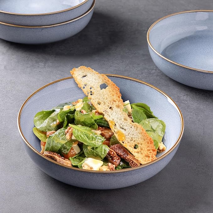 GBHOME 8.75'' Large Ceramic Pasta Bowls, 38oz Stoneware Pasta Serving Bowls Set of 4 for Kitchen, Wide Bowls for Fruit,Pasta,Salad,Oatmeal,Meal, Microwave Safe, Reactive Glaze-Blue