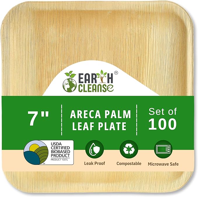 Compostable Palm Leaf Plates 7 Inch Square (100 Pack) | Disposable Biodegradable Plates Like Bamboo & Wooden | Microwave & Oven Safe | Eco-Friendly