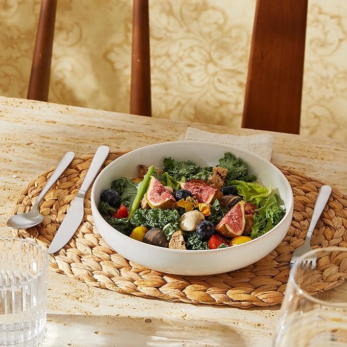 Junko Pasta Bowls Set of 4, 8.3 inch with High Edge Dish Set-Microwave and Dishwasher Safe, Scratch Resistant, Modern Dinnerware- Bowls for Kitchen. Perfect as Salad Bowls (Snow)