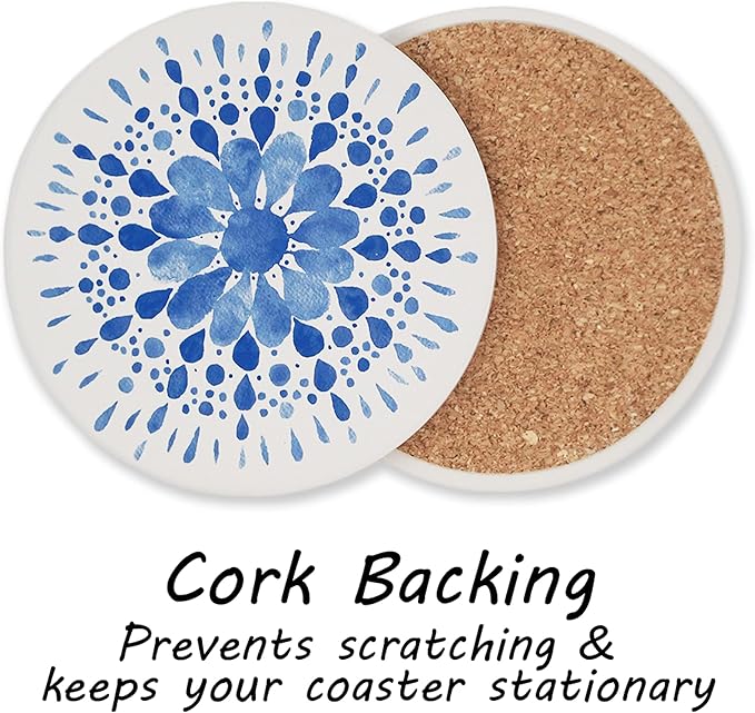 AD Set of 6 Coasters for Drinks Absorbing Round Ceramic Stone Coaster with Cork Base,Tabletop Protection Mat for Mugs and Cups,Office,Kitchen (Indigo Blue 2)