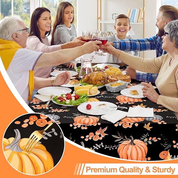 Smiry Fall Rectangle Table Cloth, Waterproof Vinyl Tablecloth with Flannel Backing, Wipeable Autumn Pumpkin Plastic Tablecloths for Harvest and Thanksgiving Parties, (60"x120", Black & Orange)