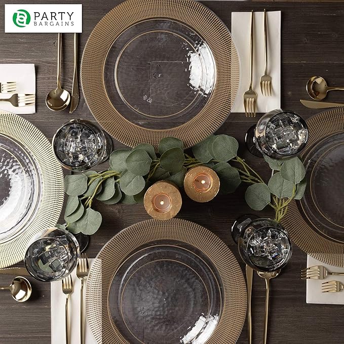 PARTY BARGAINS 13-Inch Charger Plates - 16 Pack, Clear Gold Textured Rim, Heavy-Duty Disposable Chargers for Elegant Dining - Ideal for Weddings and Formal Events