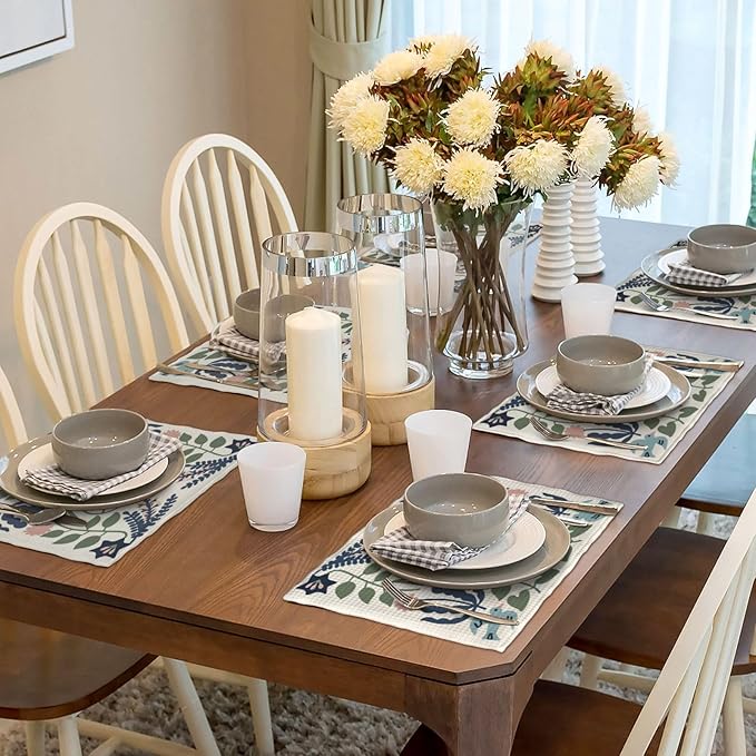 Boho Placemats Set of 4 Navy Blue Sage Green Vintage Floral Decor Place Mats 12x18 Inch Flower Spring Summer Seasonal Farmhouse Decoration Linen Table Mats for Home Kitchen Dining Party Table
