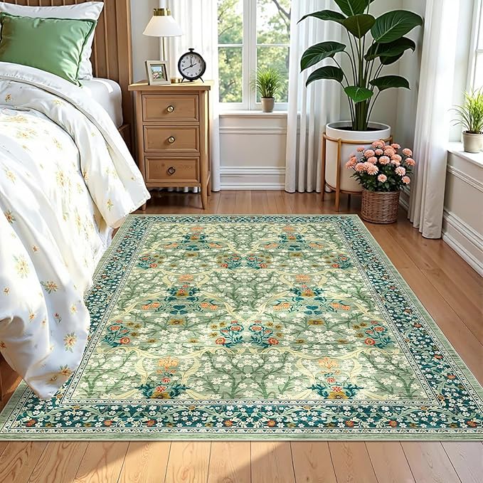 GarveeHome Floral 3x5 Area Rugs for Entryway, Washable Kitchen Rug Non Slip, Low Pile Bedroom Rug, Ultra Soft Stain Resistant Small Carpet for Laundry Room, Sage Green