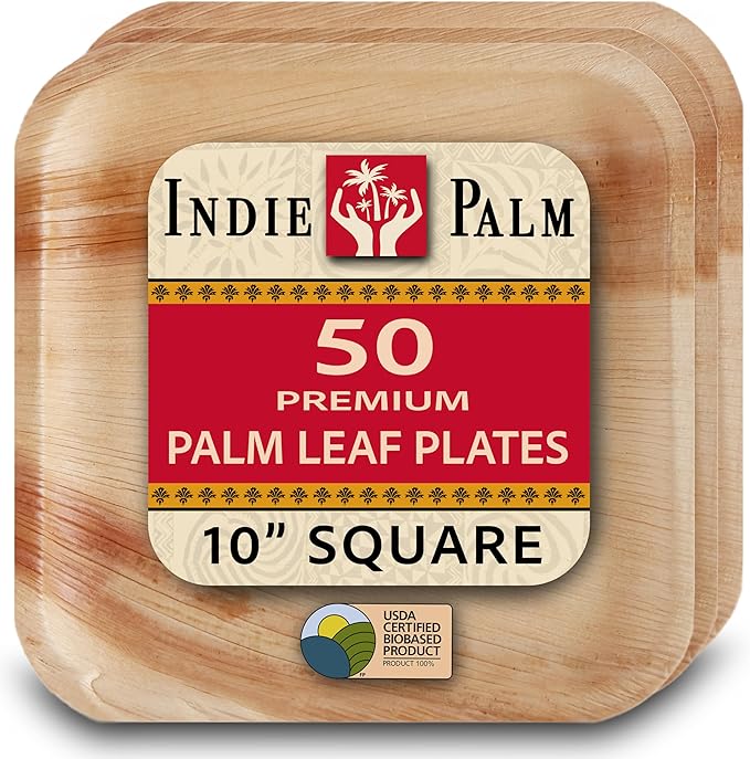 Indie Palm Disposable Palm Leaf Plates – 50 Pack 10 Inch Square – Heavy Duty, 100% Compostable & Biodegradable – Eco-Friendly Alternative to Plastic & Bamboo – Perfect for Parties & Events