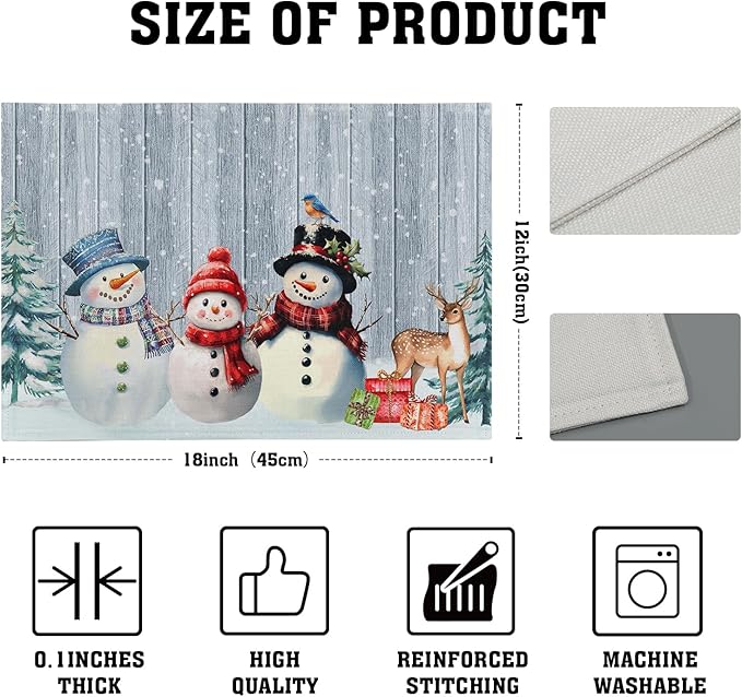 Winter Snowman Placemats Set of 4 - Xmas Tree Reindeer Snow Place Mats 12x18 Grey Wood Table Mats Kitchen Mats for Party Dining Table