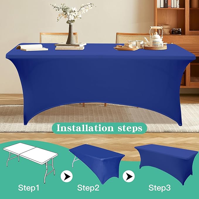 2Pack 6FT Table Cloth for Rectangular Fitted Events Stretch Gemstone Blue Table Covers Washable Spandex Tablecloth Protector for Party, Wedding, Cocktail, Banquet, Festival