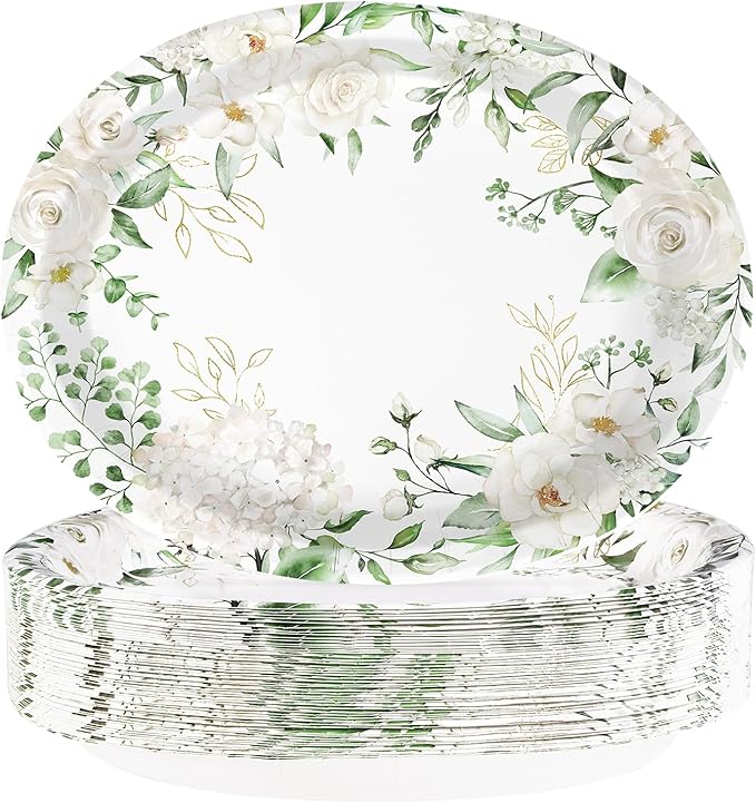50PCS White Floral Oval Paper Plates 10"X12" Eucalyptus Flower Plates Disposable Heavy Duty Green Leaves White Flowers Tablewre Spring Blossom Flowers Dinnerware for Wedding Birthday Bridal Shower