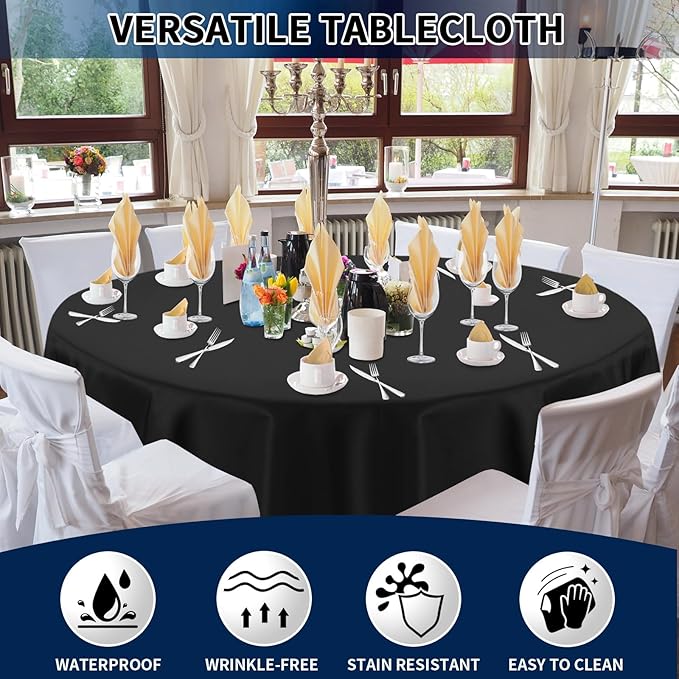 PureFit 6 Pack Round Black Table Cloths 70 Inch for Round Tables, Stain and Wrinkle Resistant Table Linens for Home Use, Wedding, Party, Banquet and Camping