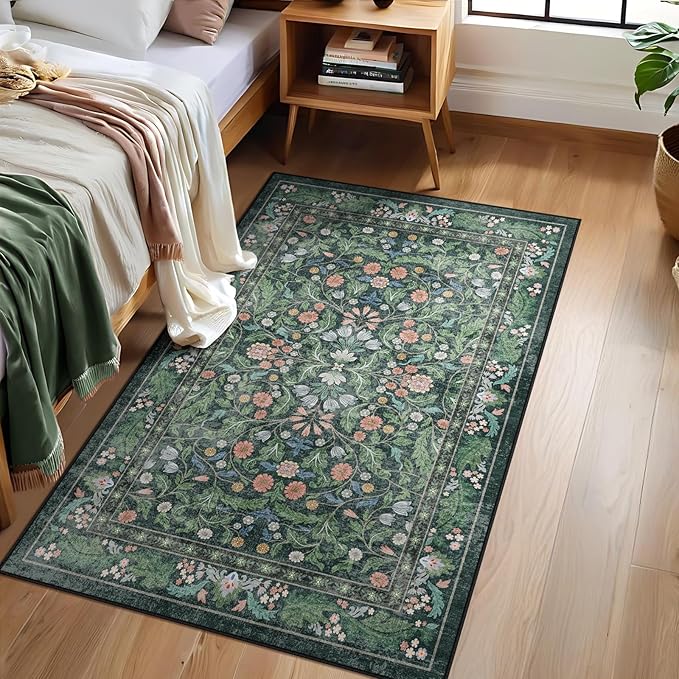 3x5 Washable Area Rug Floral Green Entryway Small Rug Vintage Forest Low Pile Non Slip Stain Resistance Soft Carpet for Kitchen, Bedroom Beside, Laundry Room, Office Rug, Kids Room, Nursery Room