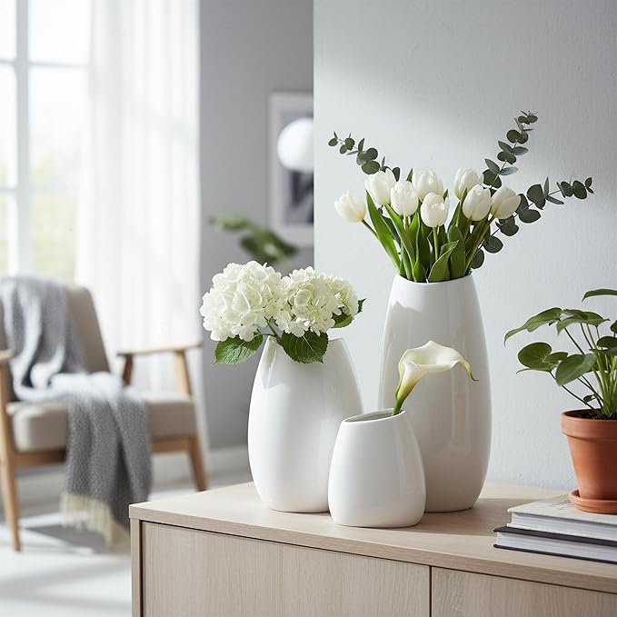 hjn Ceramic Vase Set of 3 White Flower Vase for Home Decor, Modern Decorative Vases for Flowers/Ideal Shelf Decor/Table/Living Room/Kitchen/Office-White