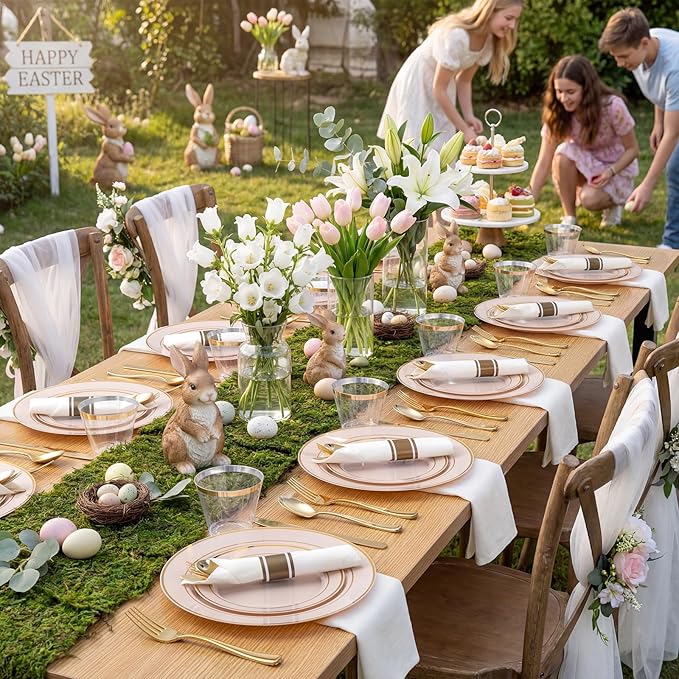 350PCS Pink Disposable Plates - Pink Plastic Plates 50Guests Plastic Dinnerware Sets with Rolled Napkins for Wedding/Birthday/Baby shower/Easter