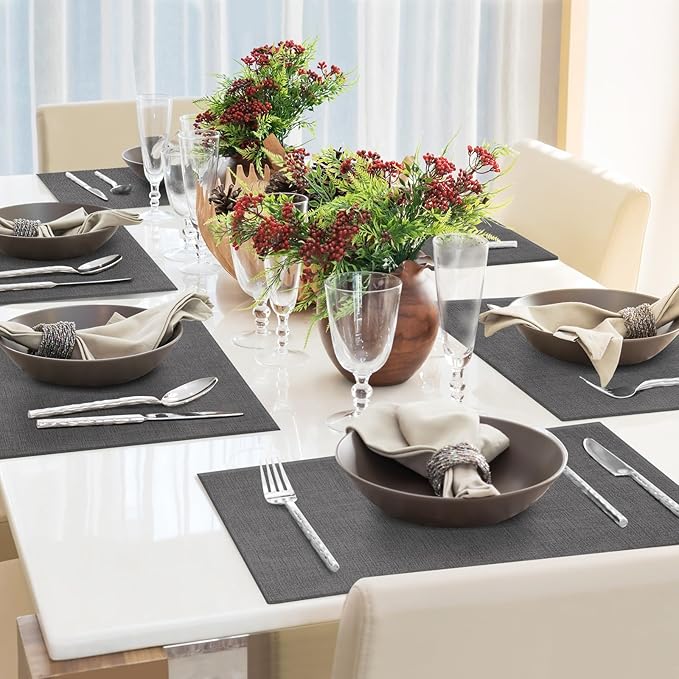 Faux Leather Placemats Set of 8 Washable PU Table mats for Kitchen Table - Heat Resistant, Waterproof, Easy Clean, Anti Slip 11.8" x 17" (Dark Grey-8 Pack)