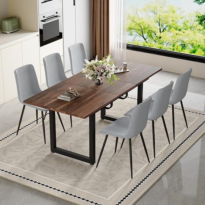 Extendable Dining Table Set for 6, 55"–71" Modern Wood Kitchen Table with 6 Upholstered Chairs, Space-Saving for Living Room Apartment, Sturdy & Comfortable, Easy Assembly