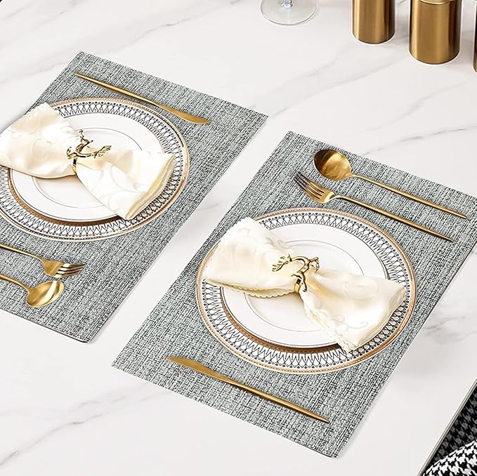 DACHUI Placemats Set of 8, Linen Look Woven Place Mats, Water Resistant, Heat Resistant, Washable, Durable Table Mats (Light Grey)