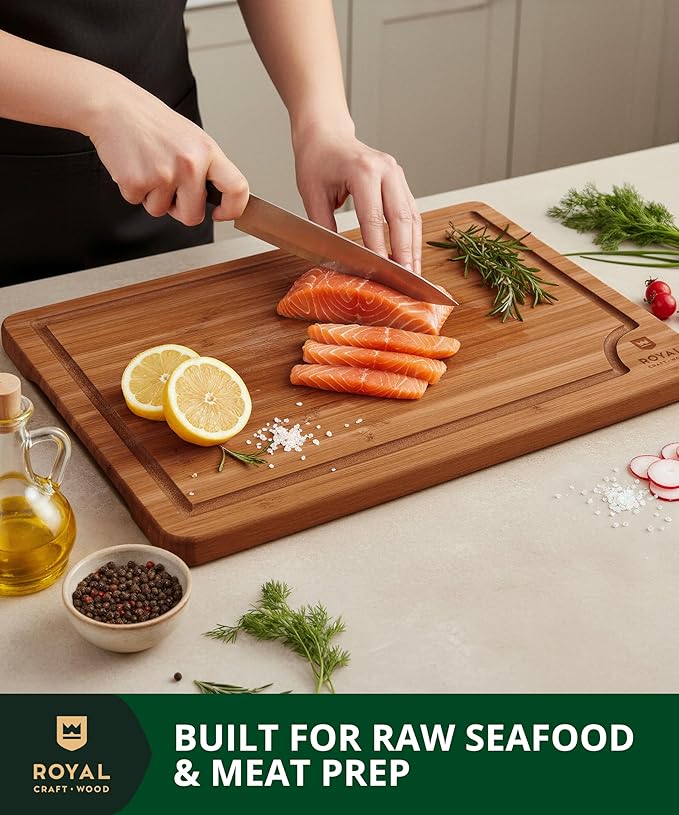 ROYAL CRAFT WOOD Wooden Cutting Boards for Kitchen Meal Prep & Serving - Bamboo Wood Serving Board Set with Deep Juice Groove Side Handles - Charcuterie & Chopping Butcher Block for Meat (3 Pcs)