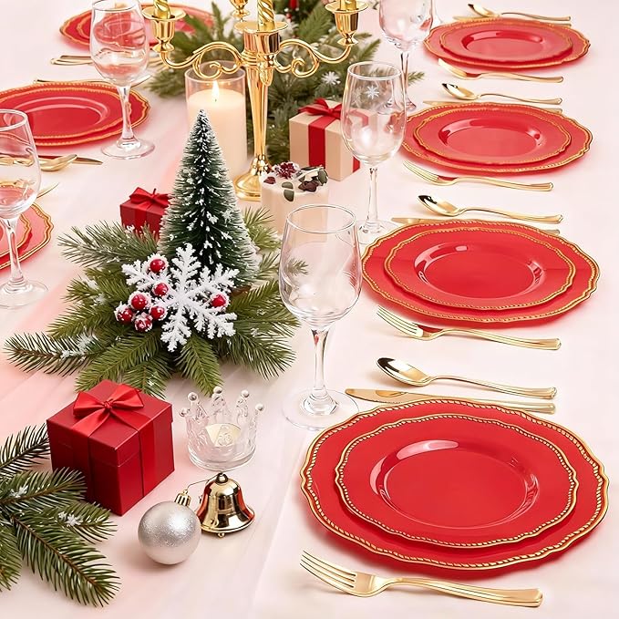Hioasis 60pcs Red Plastic Plates - Red and Gold Disposable Dinnerware with Gold Rim, Heavy-duty, 10.25 inch, Dinner Plates for Party & Wedding