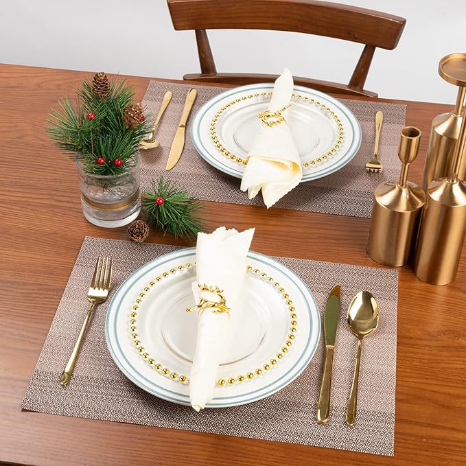 Winknowl Placemats Set of 8, Washable Vinyl Woven Placemats, Heat Resistant & Wipeable Table Mats for Kitchen Dining Table (Pink Gold)