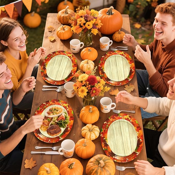 50Pcs Fall Oval Paper Plates 10" x 12" Large Disposable 400GSM Heavy Duty Fall Maple Leaves Wooden Grain Dessert Platters Autumn Party Decorations for Thanksgiving Harvest Holiday Party Supplies