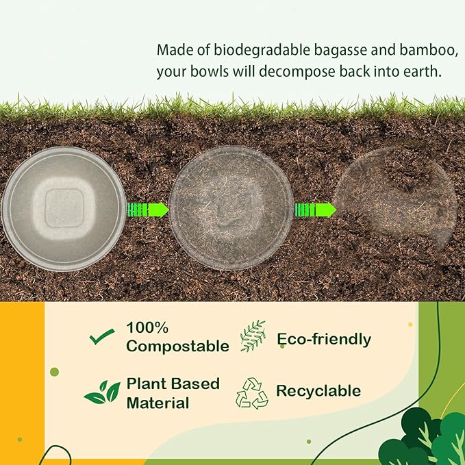 24 Oz Disposable Paper Bowls - Heavy Duty Disposable Bowls - Made from Natural Bagasse - Disposable Bowls for Hot Soup, Salad, Dessert, and More [50 Pack]