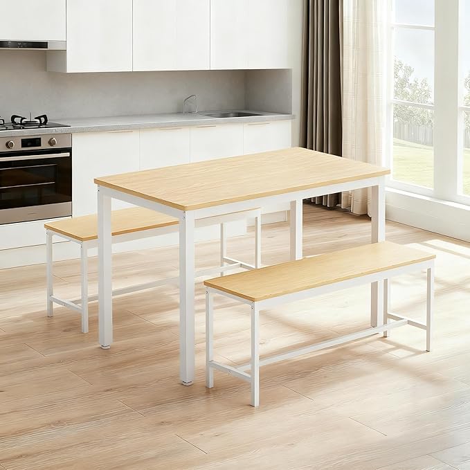 Dining Table Set for 4, Wooden Kitchen Table and 2 Benches Set with Metal Frame, Rectangular Dining Room Table Set for Small Space, Living Room, Apartment, Breakfast Nook, 43.3" L x 23.6" W x 29.9" H